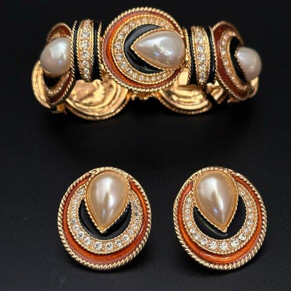 Vintage 90’s Jackie Orr Spanish Style Black & Copper Pearl & CZ Set - Picture 6 of 10
